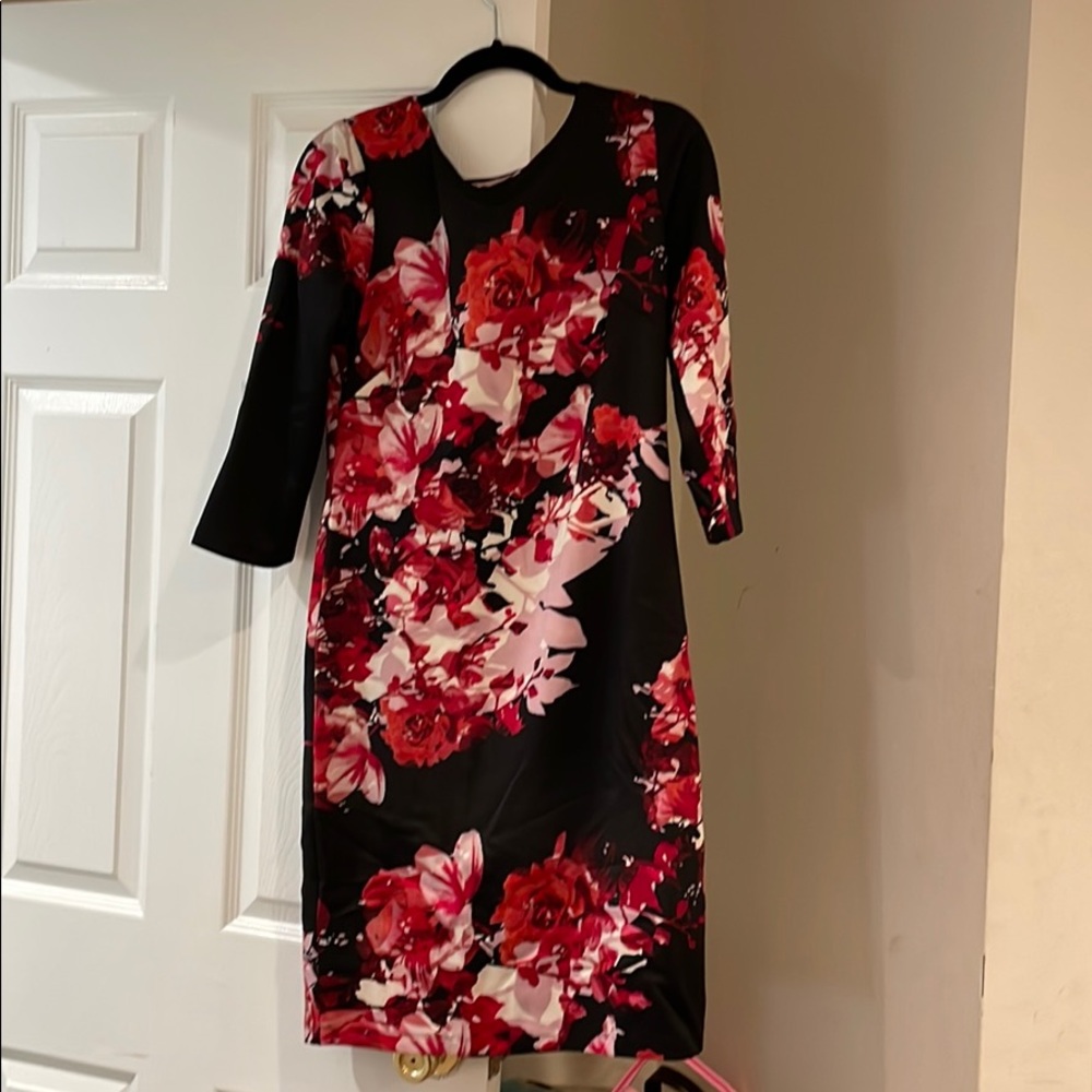 Black dress with red and pink flowers